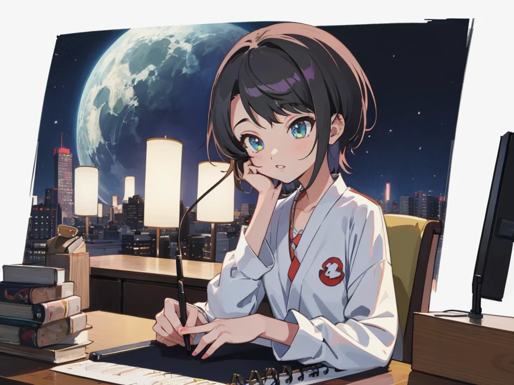 (Highest quality,4K,Very detailed),Anime Style,fan,Anime illustration,Digital Art,Detailed Description,short hair,Detailed digital anime art,Anime Style 4K,Night Sky,Night Cafe,Study at your desk,Drawing from head to waist