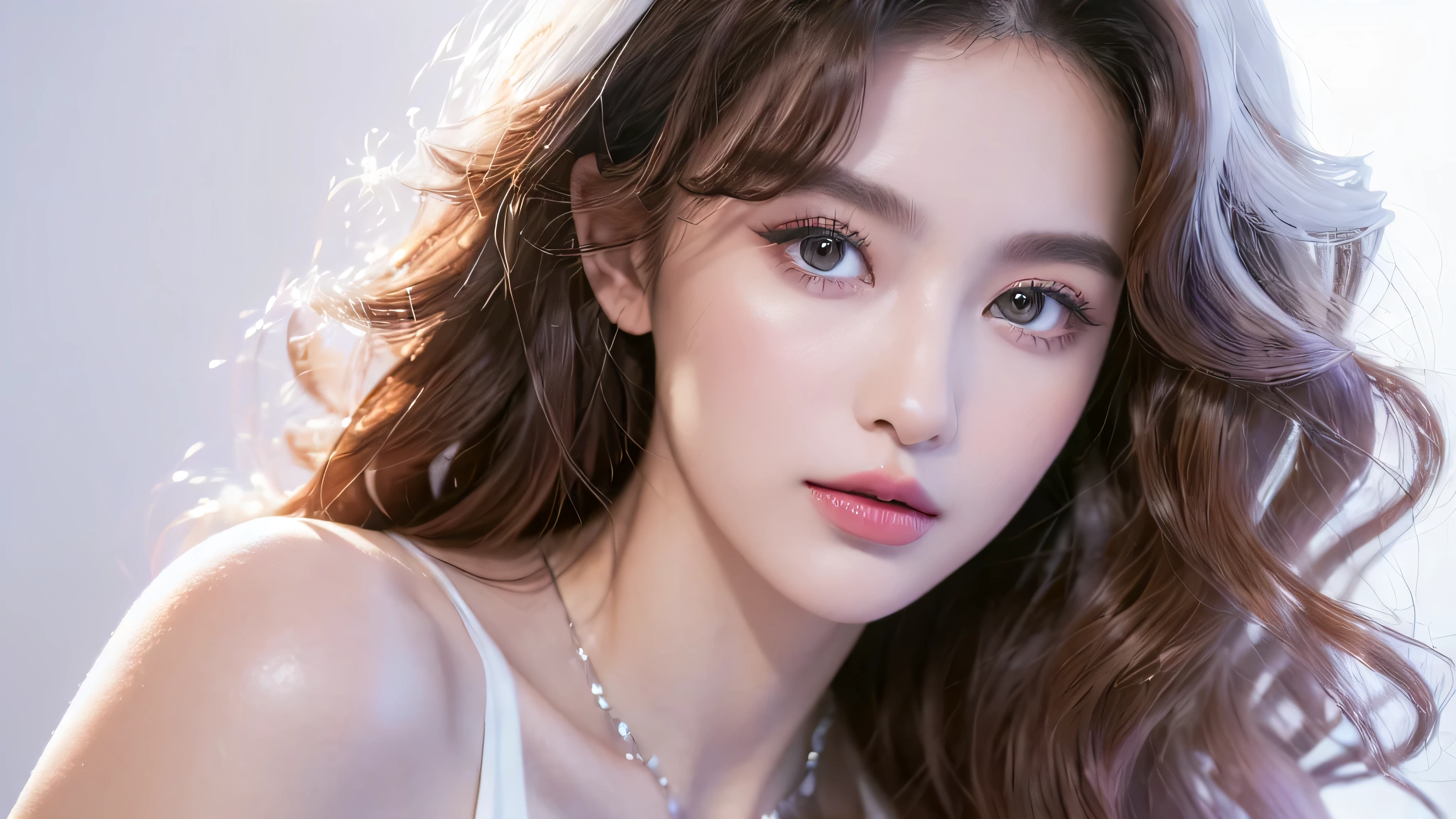 (masterpiece: 1.5, best quality, high resolution: 1.3, Super resolution, super detail, super detail: 1.3, Rich Background: 1.2), 1 girl, Alone, Portrait photo of a beautiful 28 year old girl in a modern style light purple dress, beautiful face makeup, (Curly hair just dyed platinum white:1.2), light yellow lipstick, brown eyes