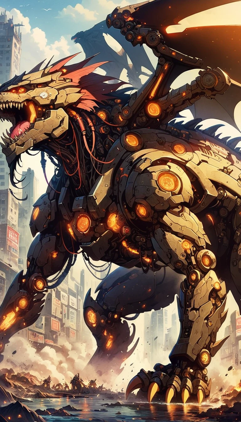 fantasy, sci-fi, dark fantasy, wide angle,  biomechanical monster, Tyrannosaurus, intricate details of mechanical parts, war machine monster, human rider on mechanical monster, immersive background of fantasy war of mechanical monsters, digital painting