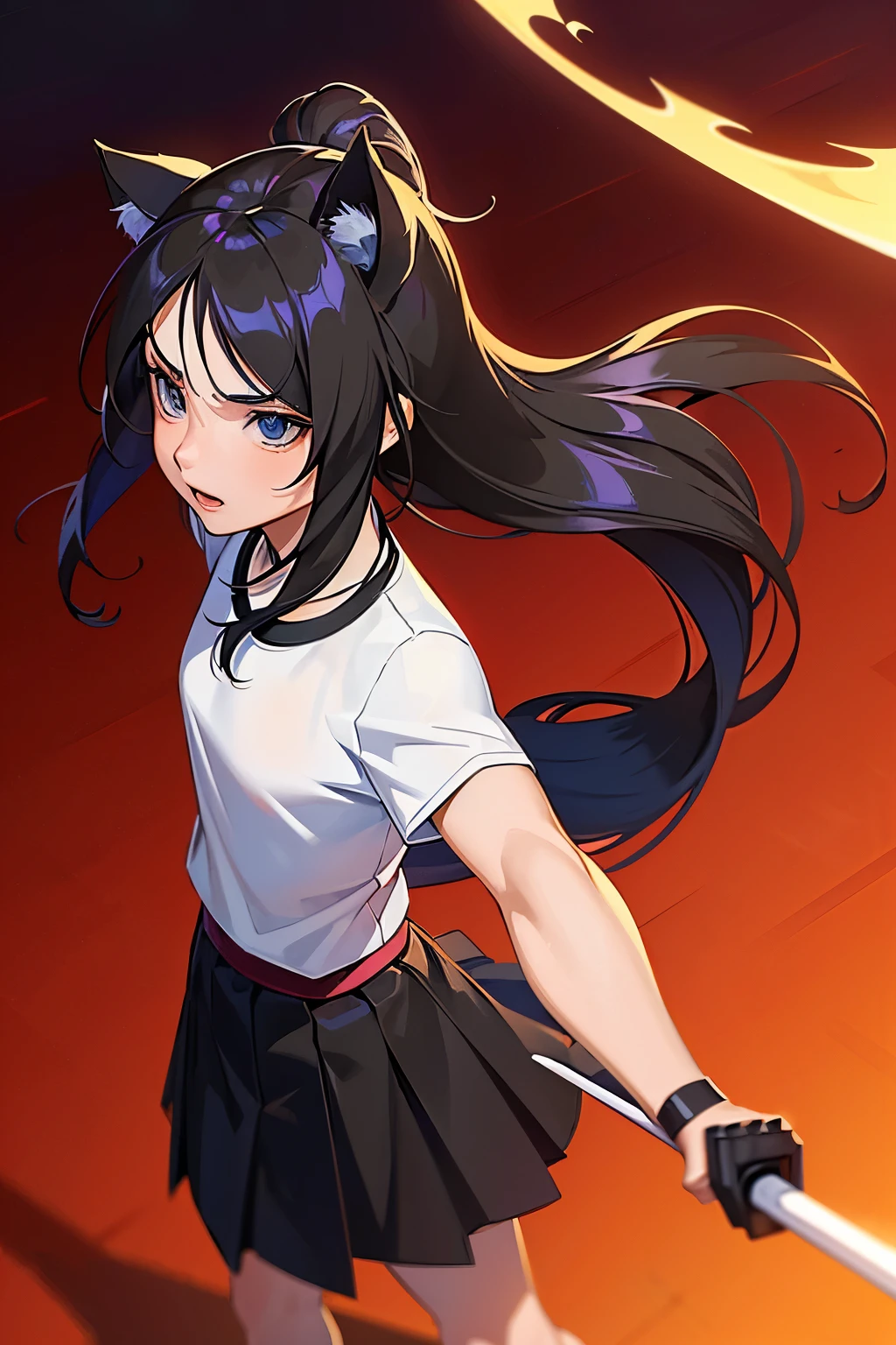 Anime girl, 16 year old anime girl, anime girl wearing black  clothes, she has long black hair and is wearing a fox mask, character in fighting stance, character a sword in each hand.