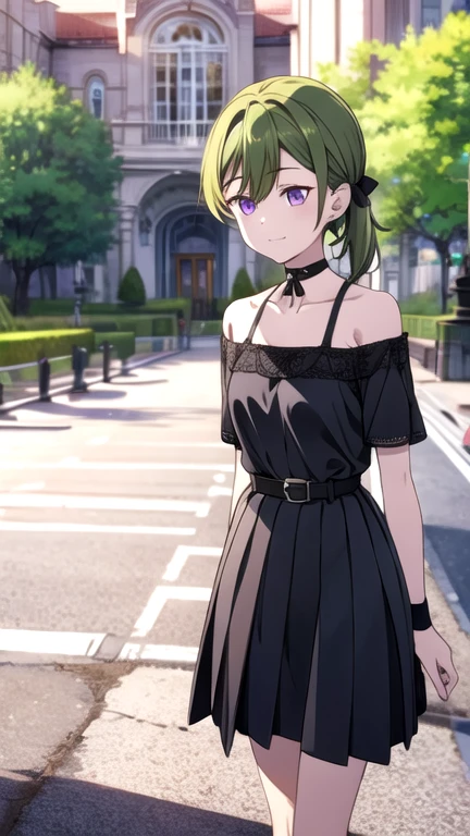 Bruises,One girl,Green Hair, bangs,Hair between the eyes,Side Ponytail, Purple eyes,
Black choker, clavicle, No sleeve, Black Dress,No sleeve dress, Halter neck,Pleated skirt, Black gloves,belt,Black footwear,
View your viewers, Half-closed eyes, Expressionless, smile,Outdoor,
masterpiece,Highest quality,