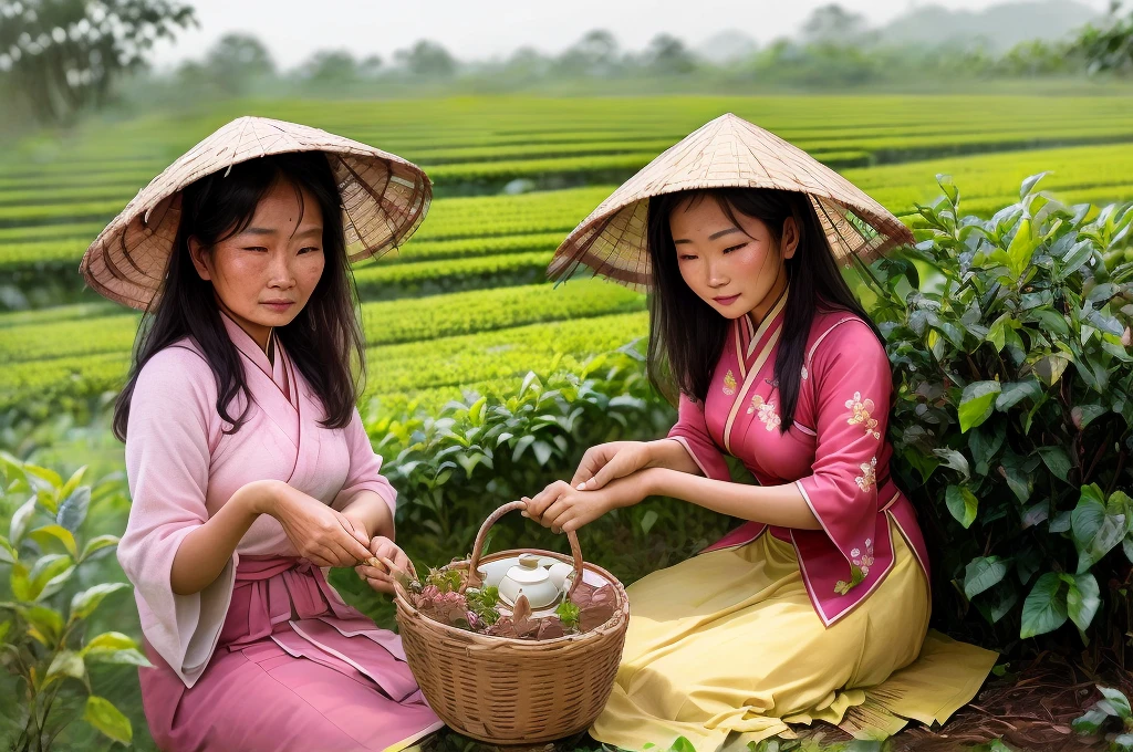 Aarav woman is picking tea leaves from a bush in a field., Vietnamese woman, Japanese Farmer, Vietnam, gorgeous woman, Chinese woman, background: Assam Tea Garden, Assam Tea Garden setting, asian woman, Inspiration from Ruth Jane, Tomorrow, Tran., an asian woman, Fuk Kuan, assam tea village background, older women, Portrait, move