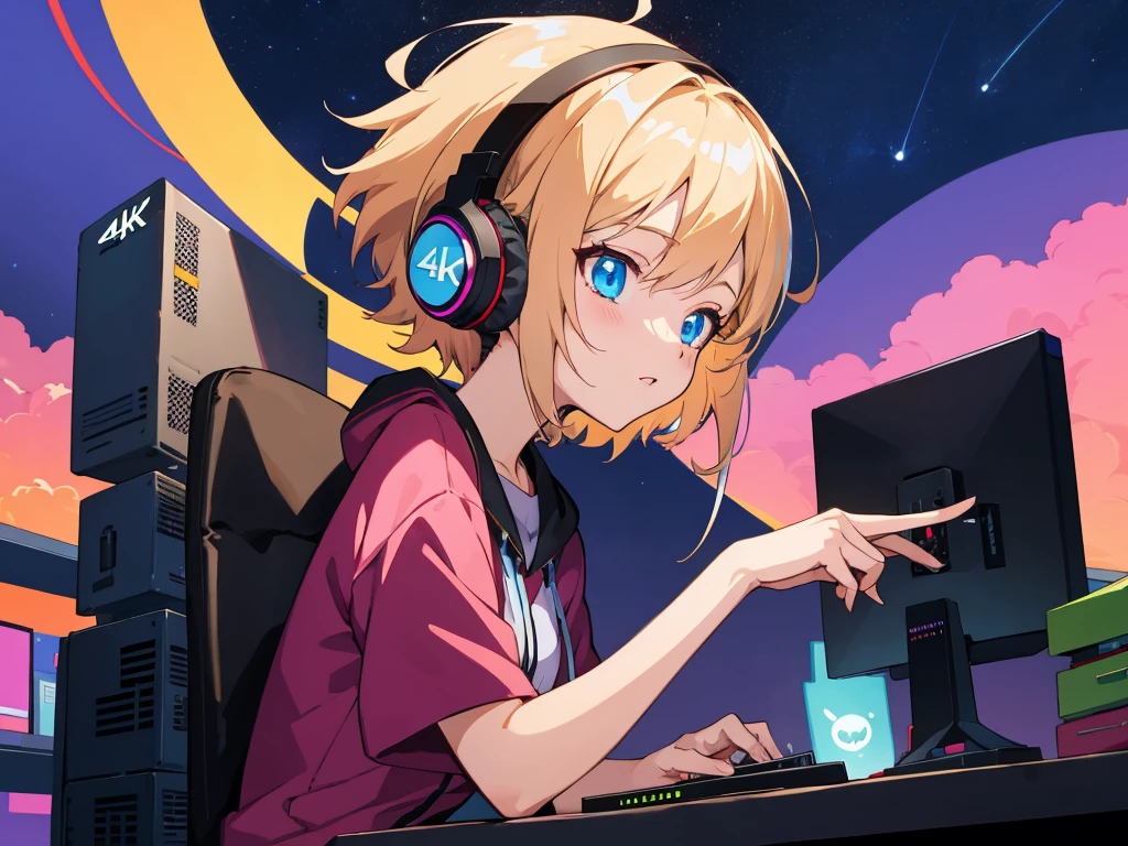 (Highest quality,4K,Very detailed),Anime Style,fan,Anime illustration,Digital Art,Detailed Description,short hair,Detailed digital anime art,Anime Style 4K,A girl working on a computer with headphones on against the night sky