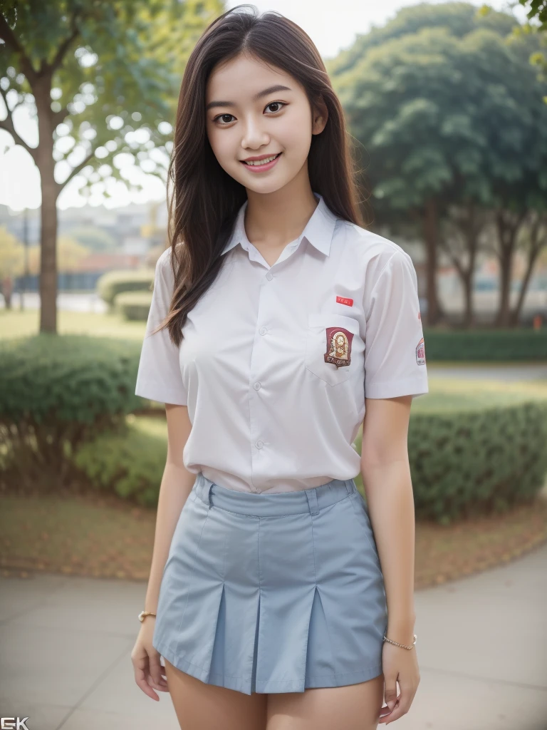 1girl, solo, 19 years old, (uniform), detailed Metropolitan city at the background, portrait, thick breasts, semi-curvy body, smooth realistic skin, cute smile, white shirt, grey blue short skirt, looking at the audience, high angle shot,(8k, RAW photo, best quality, masterpiece: 1.3), (realistic, realistic: 1.37), ultra-high resolution, cowboy shot