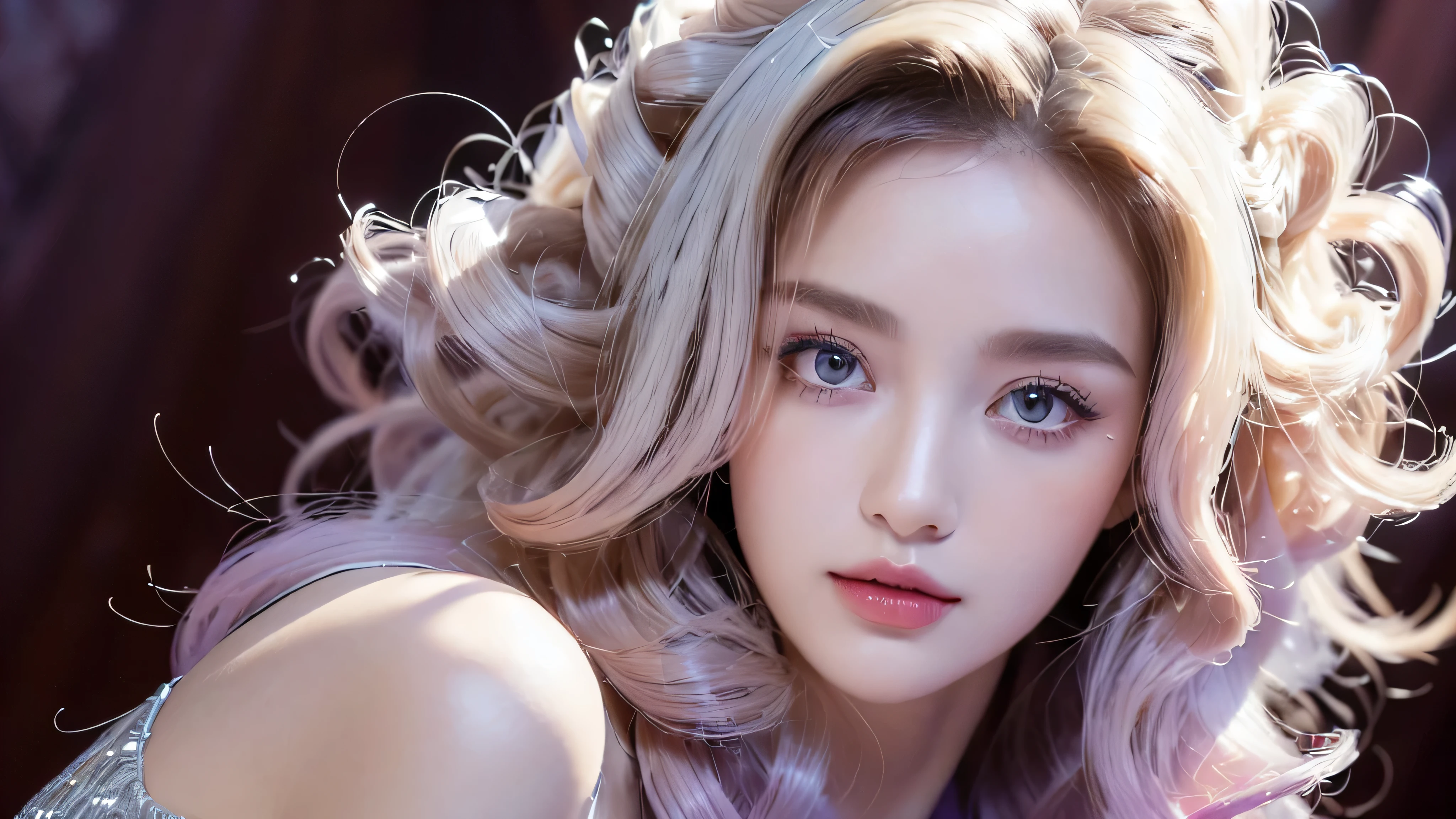 (masterpiece: 1.5, best quality, high resolution: 1.3, Super resolution, super detail, super detail: 1.3, Rich Background: 1.2), 1 girl, Alone, Portrait photo of a beautiful 28 year old girl in a modern style light purple dress, beautiful face makeup, (Curly hair just dyed platinum white:1.2), light yellow lipstick, brown eyes