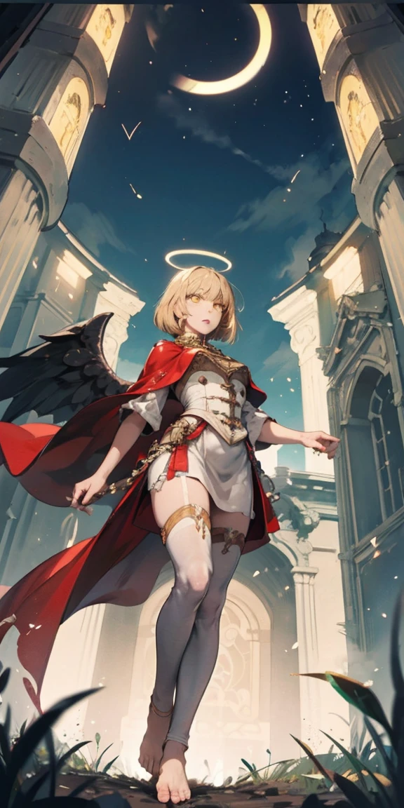 Tiffany Towers, low angle, from below, paladin templar lady in white tabard, legwear, glowing yellow eyes, collar, golden chainmail, wide hips, barefoot, angel wings, pauldrons, halo, bob cut, blonde, eye focus, red cape, temple indoors, decorations, stained glass windows, night, particles, chromatic aberration, detailed, cinematic, dark scene, fantasy