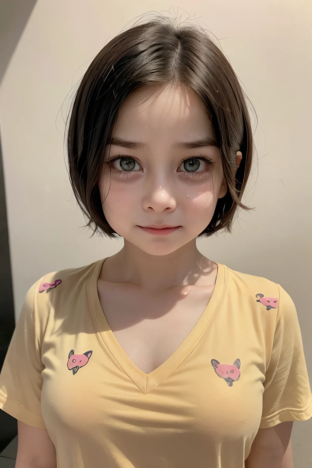 (CRYING FACE EXPRESSION:1.3), Chubby adorable, (V-neck ice silk nightdress), 1 girl, (face to face), , baby face, happy, half body portrait, (face details: 1), (eye details: 1), ((flat breasts)). wearing transparent transparency soft soft, .. Cute posed. proportional body. Ultra High Res. realistic: 1.4, UHD, (leopard pattern), ((Very Short Haircut))