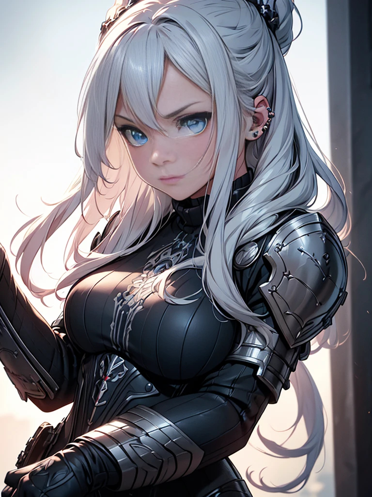 A beautiful girl with piercing blue eyes and long flowing silver hair, wearing ornate plate armor, wielding a large longsword, (best quality,8k,highres,masterpiece:1.2),ultra-detailed,(realistic,photorealistic,photo-realistic:1.37),intricate details,dramatic lighting,cinematic,fantasy art,digital painting,vibrant colors,glowing halo,powerful,heroic