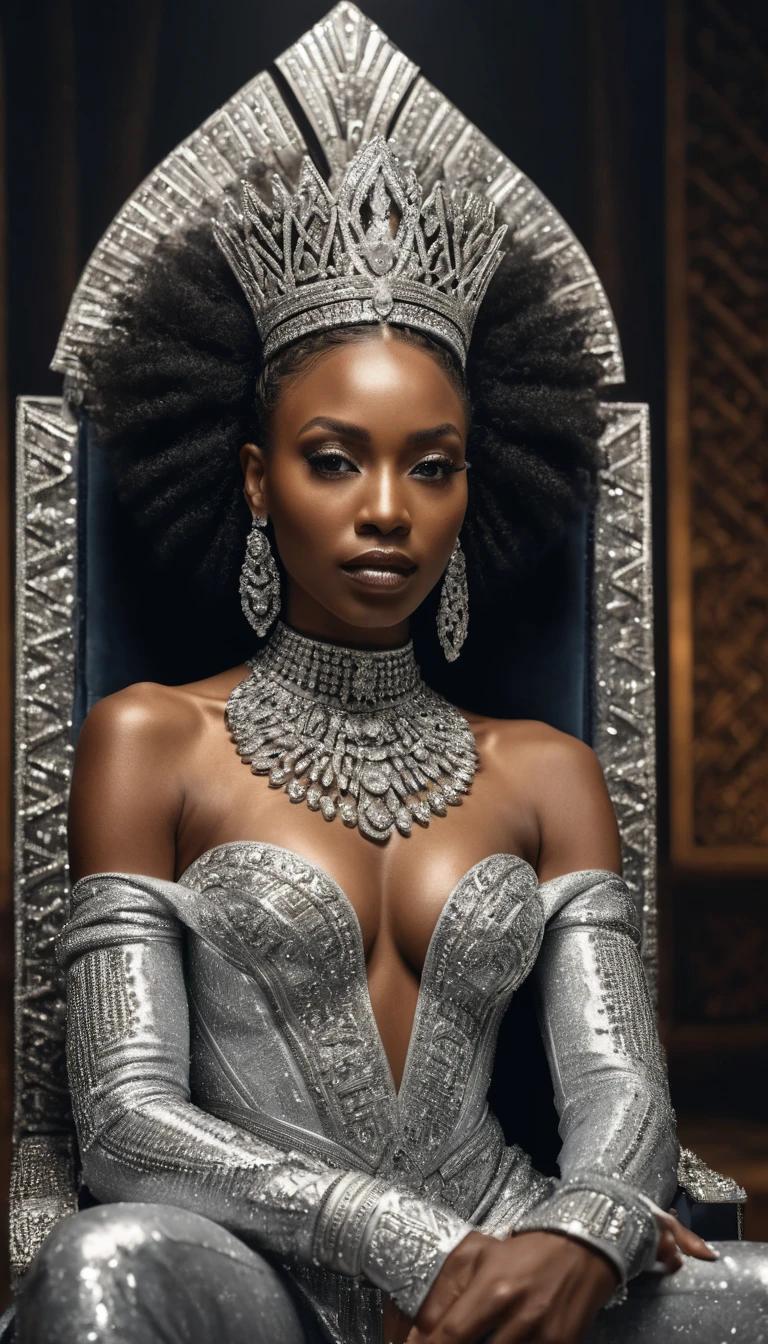 (a frontal view), (camera facing the subject), A very beautiful black african queen sitting on a diamond throne made of diamond, intricate details, dramatic lighting, hyperrealism, photorealistic, cinematic, 8k sharp focus, style expressive, frontal view, camera facing the subject