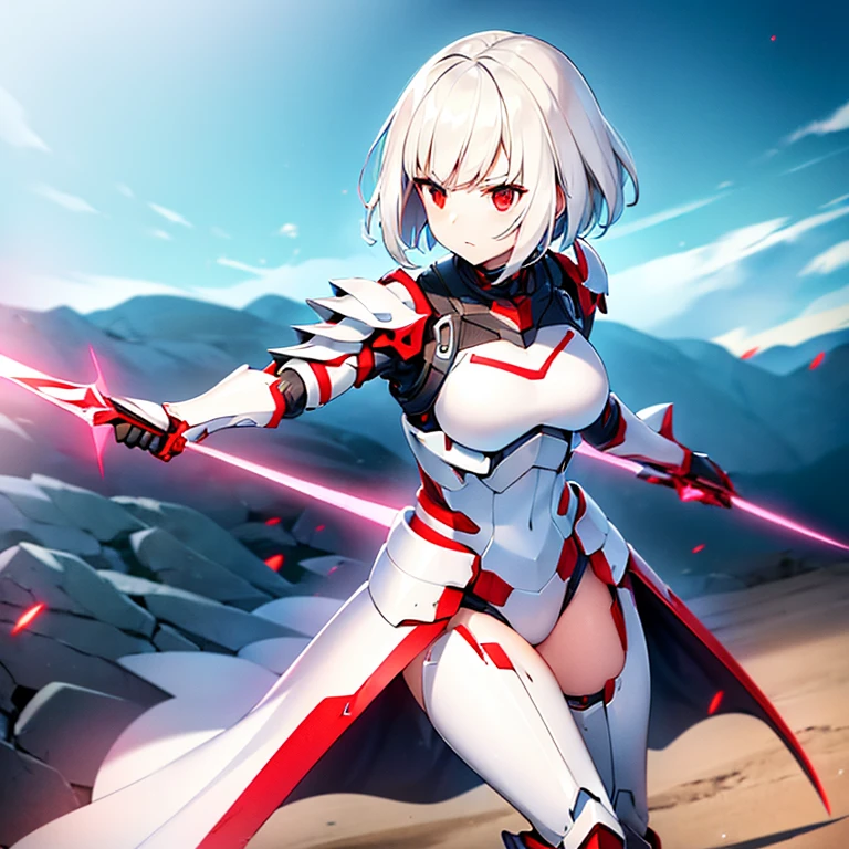 (girl)(white short hair)(red eyes)(Driving exoskeleton armor)(Cool battle scenes)(The blade flickers)(Fierce clash of weapons)4K