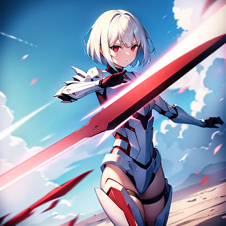 (girl)(white short hair)(red eyes)(Driving exoskeleton armor)(Cool battle scenes)(The blade flickers)(Fierce clash of weapons)4K