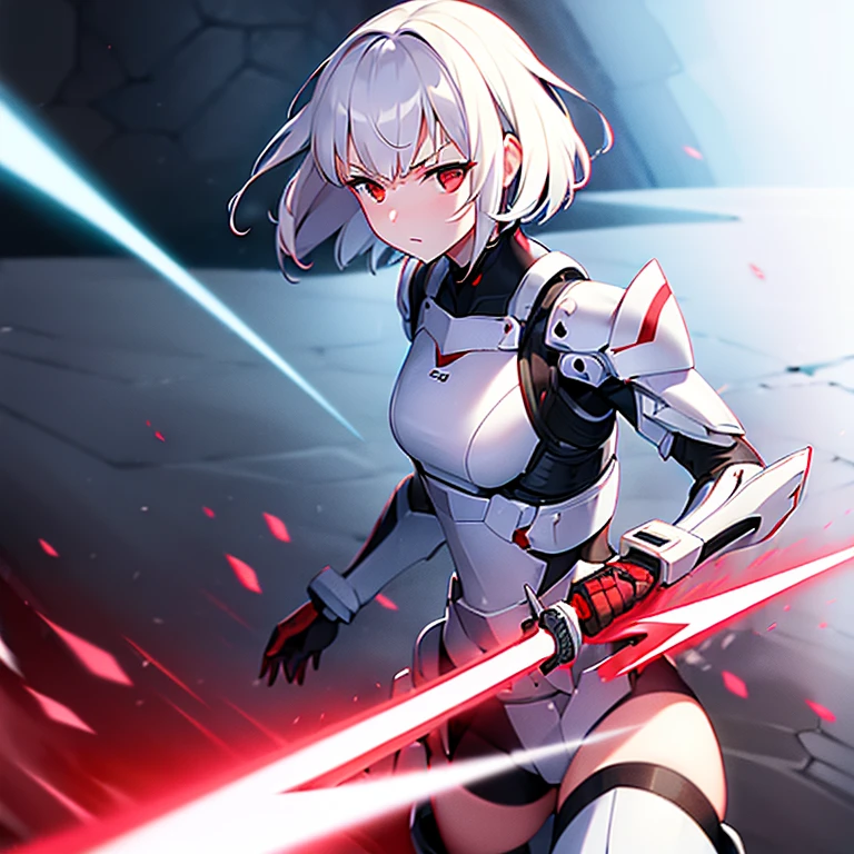 (girl)(white short hair)(red eyes)(Driving exoskeleton armor)(Cool battle scenes)(The blade flickers)(Fierce clash of weapons)4K