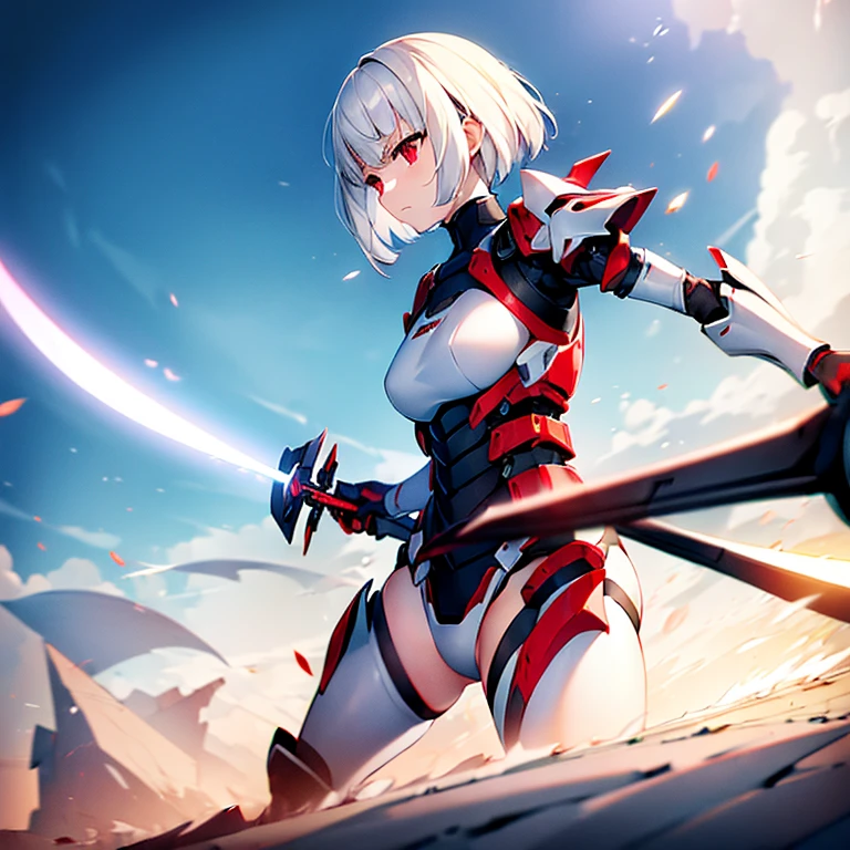 (girl)(white short hair)(red eyes)(Driving exoskeleton armor)(Cool battle scenes)(The blade flickers)(Fierce clash of weapons)4K