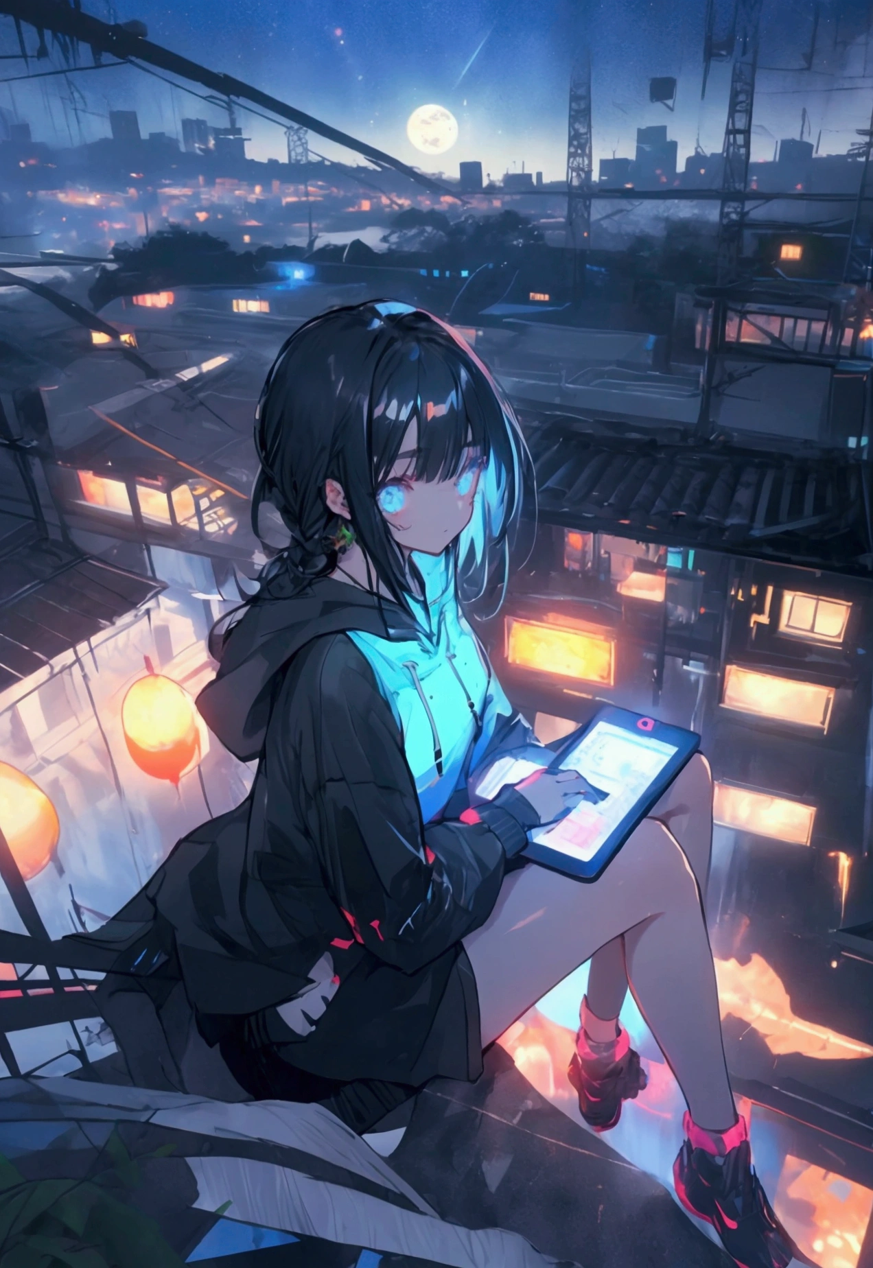 Beautiful Face、Beautiful legs、Black Hair、full moon,neon.hoodie,Sitting、IT Engineer、Building district、Landscape、rooftop、Using a laptop on your lap、You can see the townscape at your feet