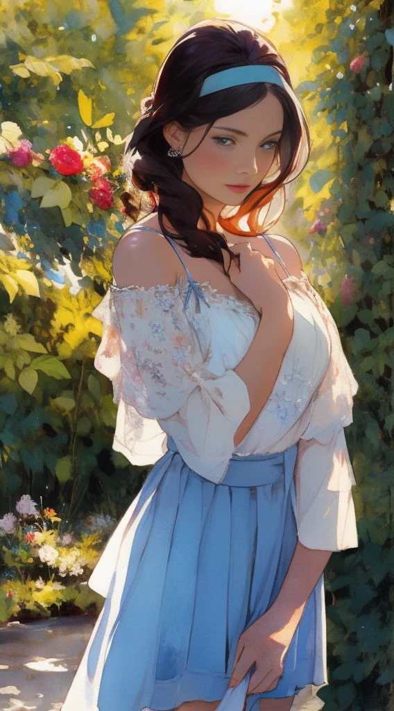 Beautiful adult mexican woman, looking at viewer intently and thoughtfully, headband, pulled hair very feminine, floral skirt, spaghetti strap top, watercolor painting by singer sargent
