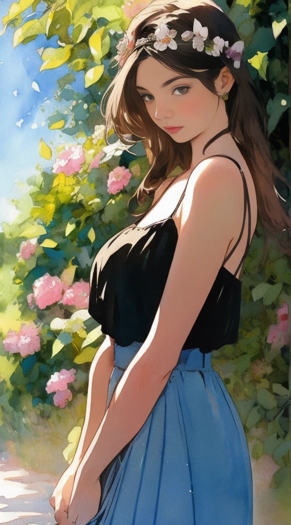 Beautiful adult mexican woman, looking at viewer intently and thoughtfully, headband, pulled hair very feminine, floral skirt, spaghetti strap top, watercolor painting by singer sargent