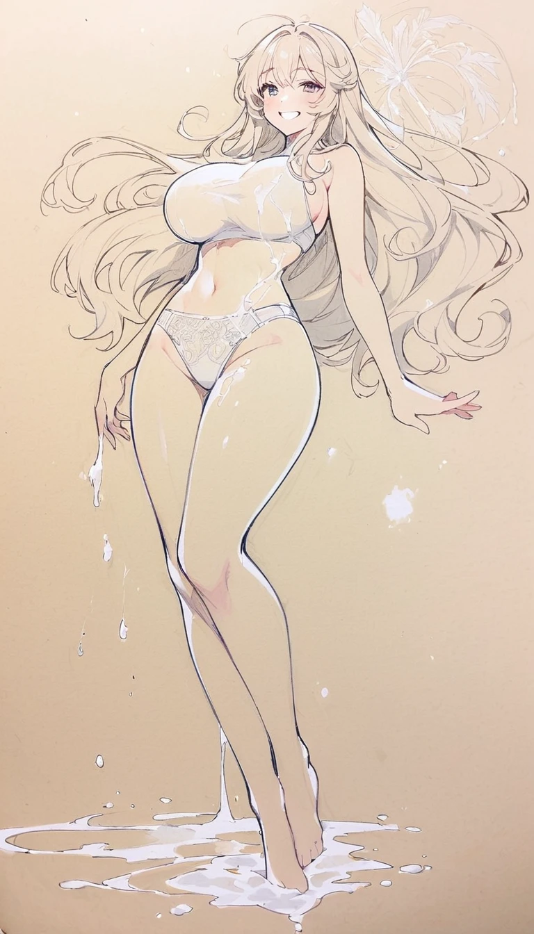 1 ,Line drawing,monochrome,（sketch:1.5、pattern、pencil drawing:1.5、board:1.5）,board，traditional media, whole body,look up,Cold Background ,(Wearing underwear） ,Smile，Long hair，Clothing Model，Large Breasts，(((White liquid))),(((射在whole body上))),, ((((Large))))