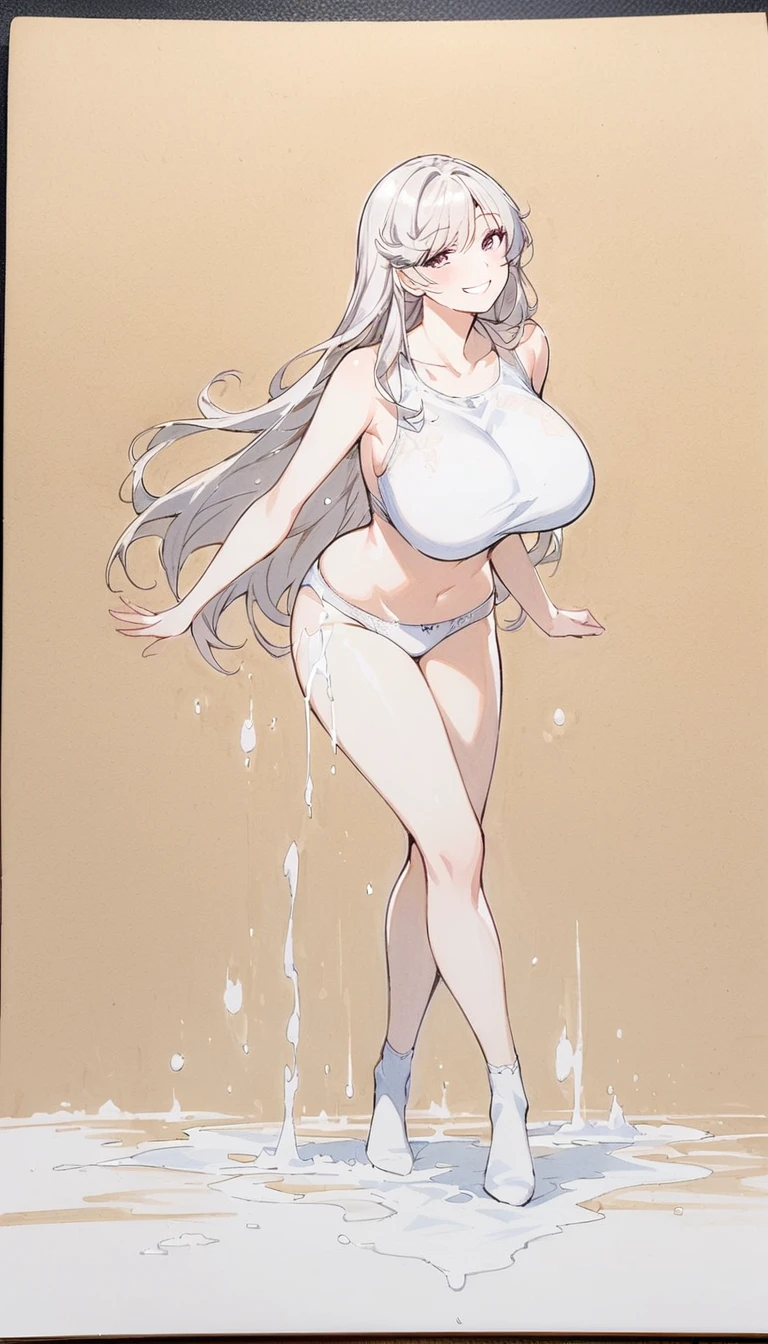 1 ,Line drawing,monochrome,（sketch:1.5、pattern、pencil drawing:1.5、board:1.5）,board，traditional media, whole body,look up,Cold Background ,(Wearing underwear） ,Smile，Long hair，Clothing Model，Large Breasts，(((White liquid))),(((射在whole body上))),, ((((Large))))