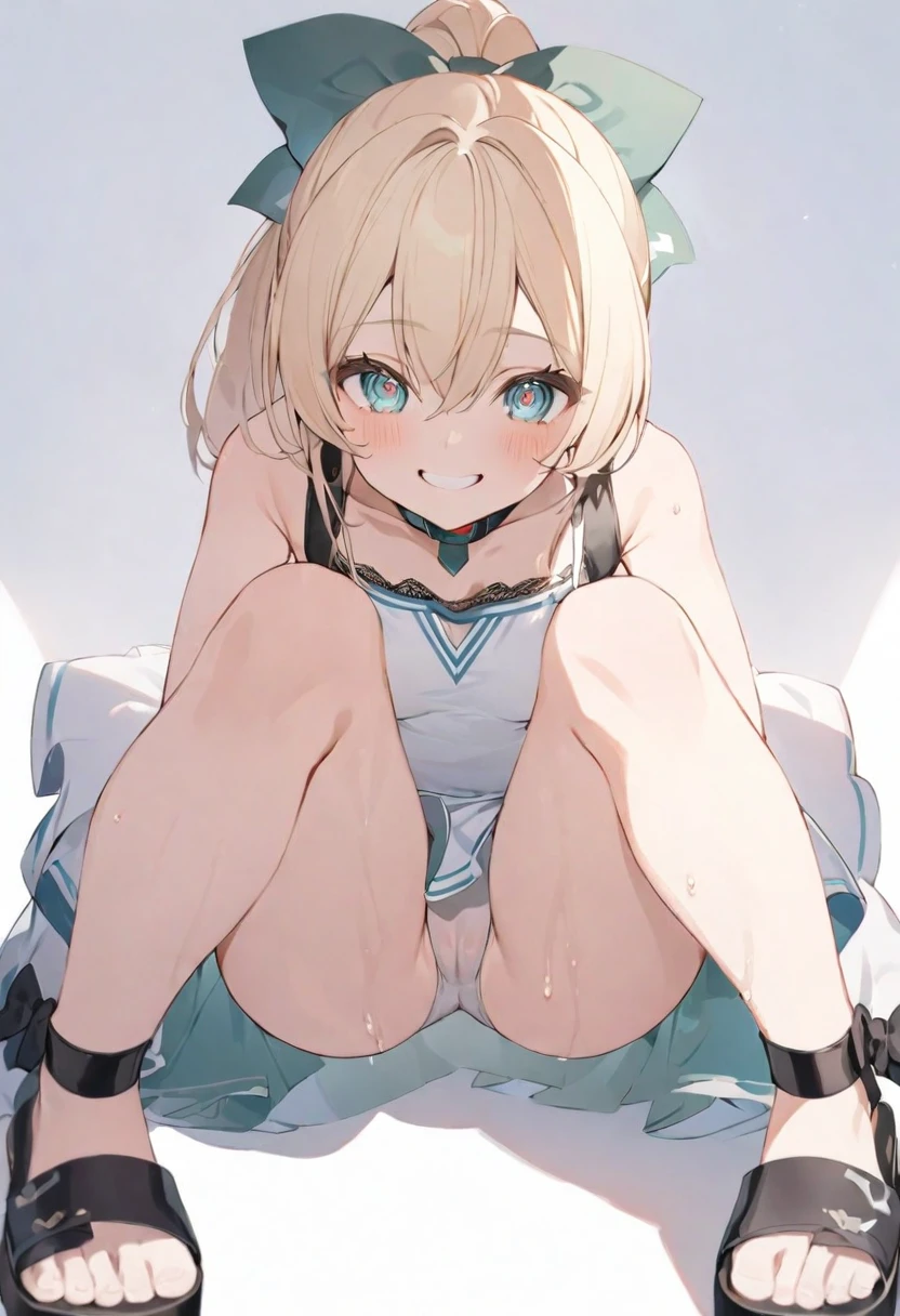 (muste piece), (best quality), (score_9, score_8_up, score_7_up), very detailed eyes, expressive eyes, perfect face, very detailed face, highly detailed face, beautiful girl, 8K, beautiful girl, white background, delicate and beautiful face and eyes, dark intense shadow, 1 girl, vtuber style, cool girl, hololive, vtuber, kazama iroha, blonde hair, ponytail, white sundress, sleeveless dress, suspender dress, dress bow, underpants, cameltoe, small chest, cleavage, bare arms, smile, wet hair, wet body, body visible through clothes, chest visible through clothes, ass visible through thighs, (full body), sandals, Sit and pose, squatting, arms on knees, knees together feet apart, gill support, from below, pov crotch,