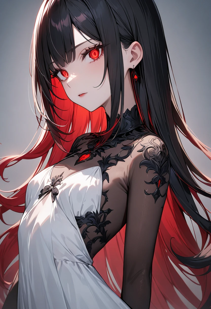 (masterpiece, top quality, very aesthetic, 4k、illustration), intricate detail, 1woman,、solo,contrapposto glowing eyes、,(cowboy shot)、dark persona、(),beautiful face、from side、clear face、straight hair、red to black gradient hair、,middle hair,sidelock ,red　eyes、white Summer Dresses、small breasts、Slim 、