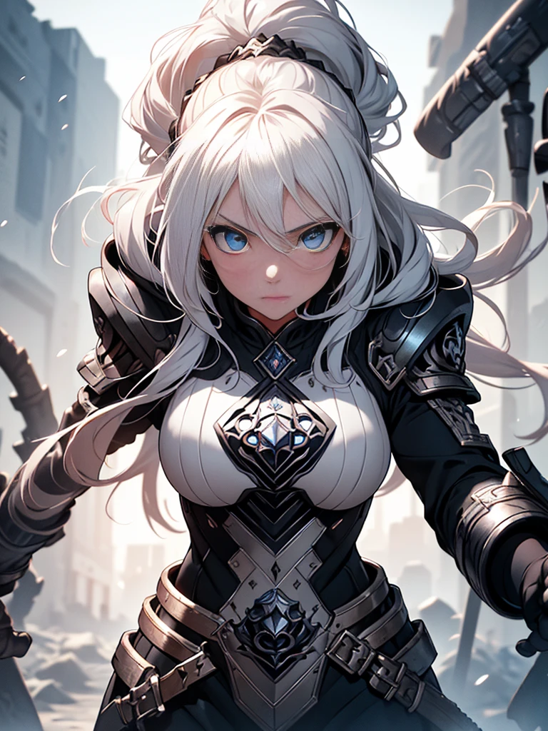 A beautiful girl with piercing blue eyes and long flowing silver hair, wearing ornate plate armor, wielding a large longsword, (best quality,8k,highres,masterpiece:1.2),ultra-detailed,(realistic,photorealistic,photo-realistic:1.37),intricate details,dramatic lighting,cinematic,fantasy art,digital painting,vibrant colors,glowing halo,powerful,heroic