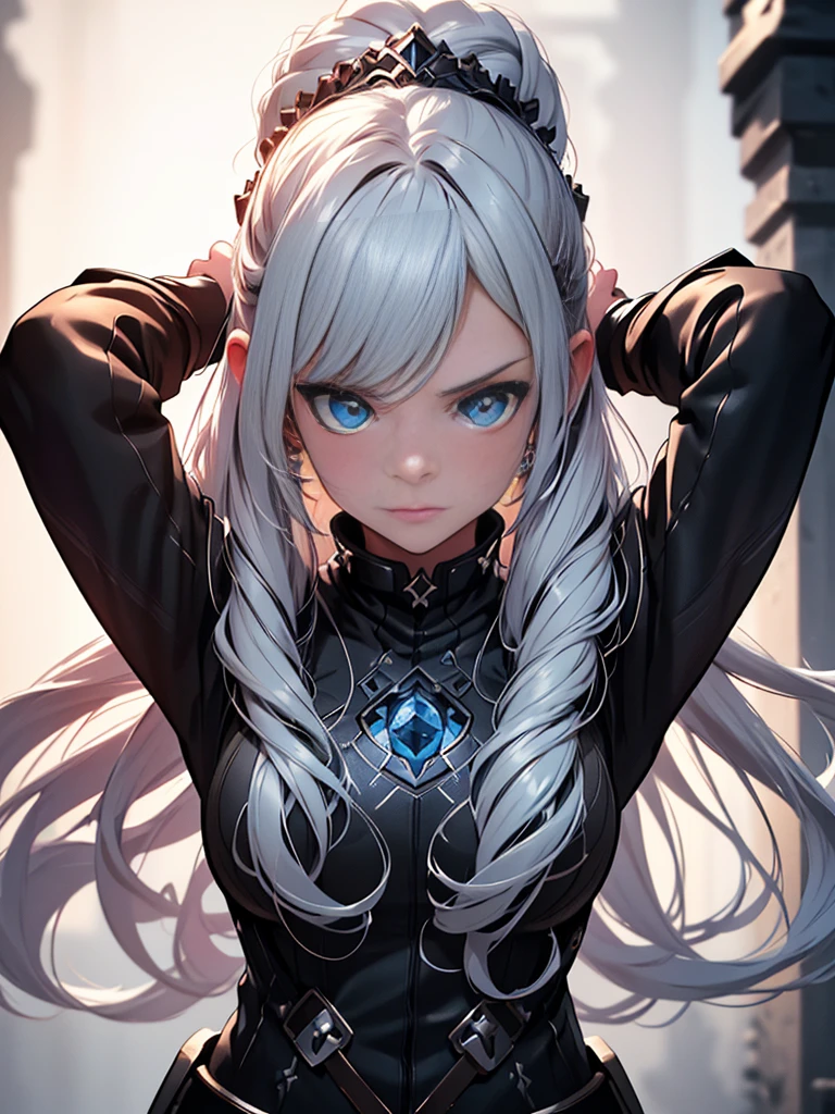 A beautiful girl with piercing blue eyes and long flowing silver hair, wearing ornate plate armor, wielding a large longsword, (best quality,8k,highres,masterpiece:1.2),ultra-detailed,(realistic,photorealistic,photo-realistic:1.37),intricate details,dramatic lighting,cinematic,fantasy art,digital painting,vibrant colors,glowing halo,powerful,heroic