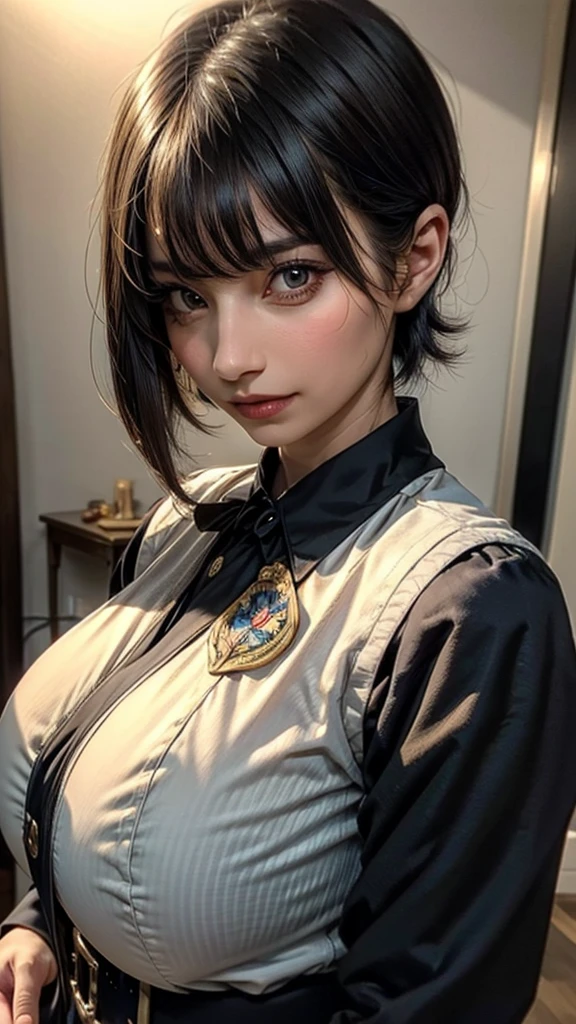 ((Beautiful Face:1.0)), (Purelos Face_v1: 1.0), Half Body,(Highest Resolution, clear_image) Highest quality, Single, One Woman, alone, masterpiece, Very detailed, (realistic), Black short hair, Black Hair, bangs, mature, ((JSDF uniform)), Indoor Background, kind, Authoritative, Powerful, Exquisite facial features, Exquisite facial features,((Natural big breasts:1.2))