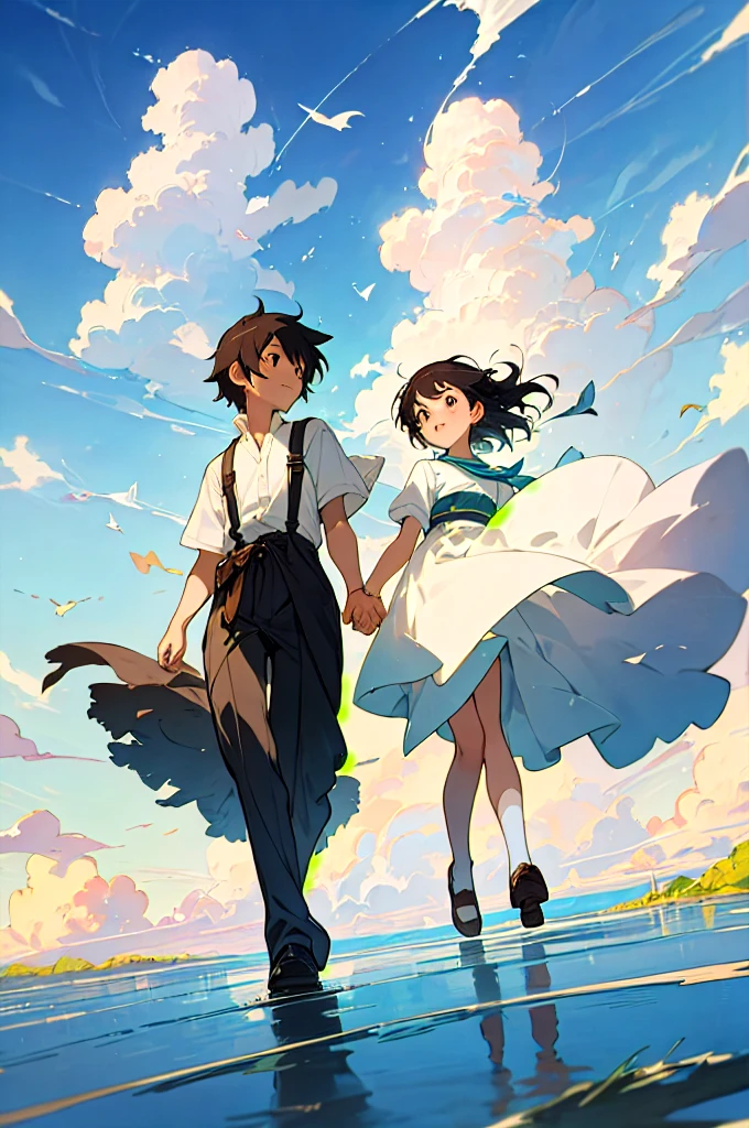 Create exquisite illustrations reminiscent of Makoto Shinkai's style, It has ultra-fine details and top-notch quality, Create illustrations featuring children frolicking freely in a calm sky of enchanting whims and nostalgic. The sky itself exudes an aura of enchantment and nostalgia, Dreamy casting, hazy atmospheres. It serves as their endless playground, Full of surprises and possibilities. When they soar through the air, Their laughter and joy are carried by the breeze, Creating an image of carefree exploration. The clouds above form a picturesque background, Add a dreamy nostalgic quality to your scenes. This moment is、zora々Capture the essence of vibrancy, The magic of flying, Eta、The timeless charm of the sky