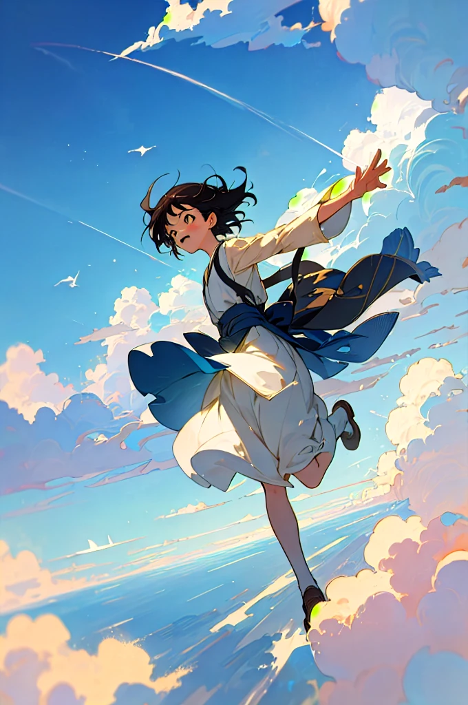 Create exquisite illustrations reminiscent of Makoto Shinkai's style, It has ultra-fine details and top-notch quality, Create illustrations featuring children frolicking freely in a calm sky of enchanting whims and nostalgic. The sky itself exudes an aura of enchantment and nostalgia, Dreamy casting, hazy atmospheres. It serves as their endless playground, Full of surprises and possibilities. When they soar through the air, Their laughter and joy are carried by the breeze, Creating an image of carefree exploration. The clouds above form a picturesque background, Add a dreamy nostalgic quality to your scenes. This moment is、zora々Capture the essence of vibrancy, The magic of flying, Eta、The timeless charm of the sky