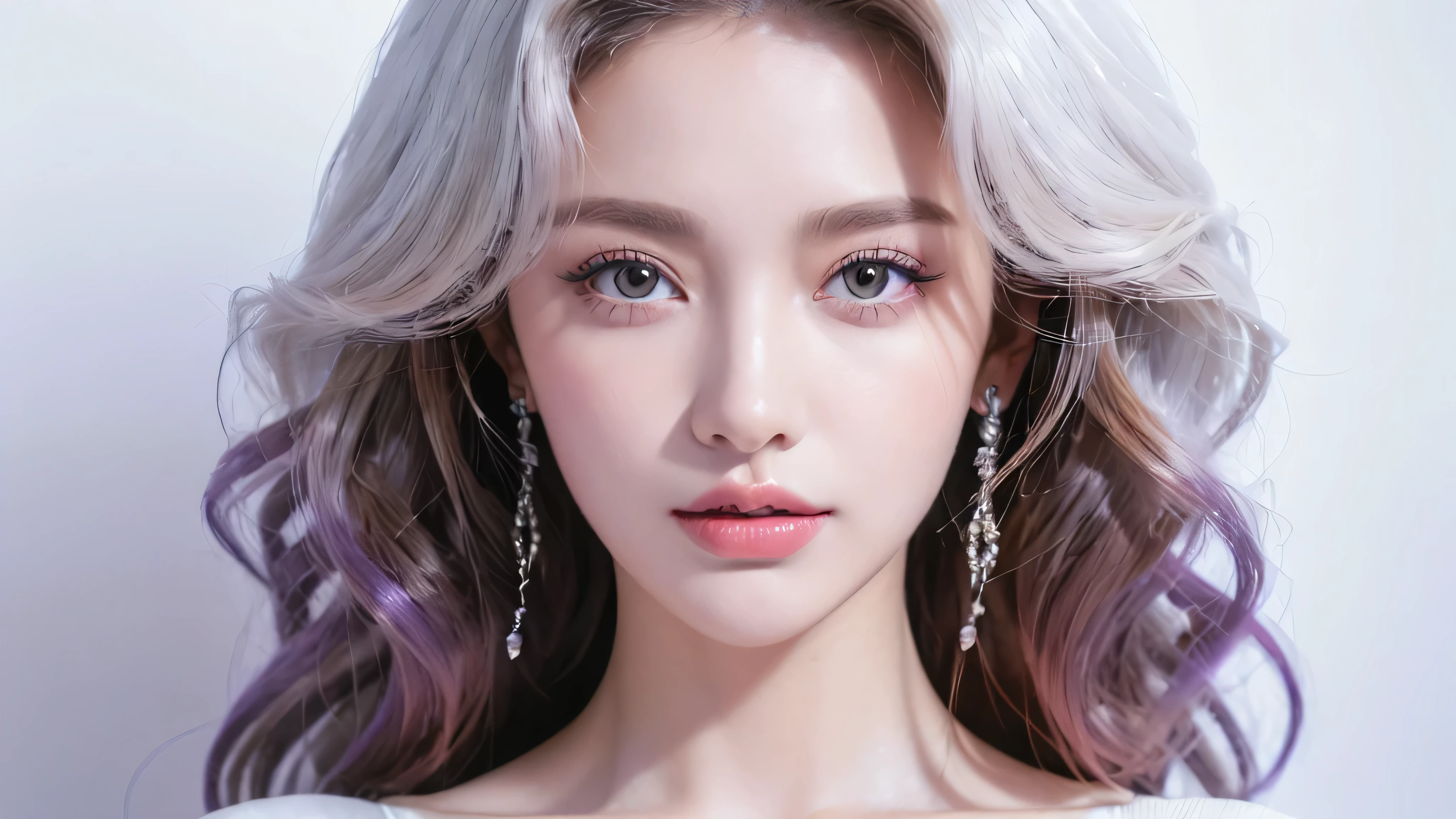 (masterpiece: 1.5, best quality, high resolution: 1.3, Super resolution, super detail, super detail: 1.3, Rich Background: 1.2), 1 girl, Alone, Portrait photo of a beautiful 28 year old girl in a modern style light purple dress, beautiful face makeup, (Curly hair just dyed platinum white:1.2), light yellow lipstick, brown eyes