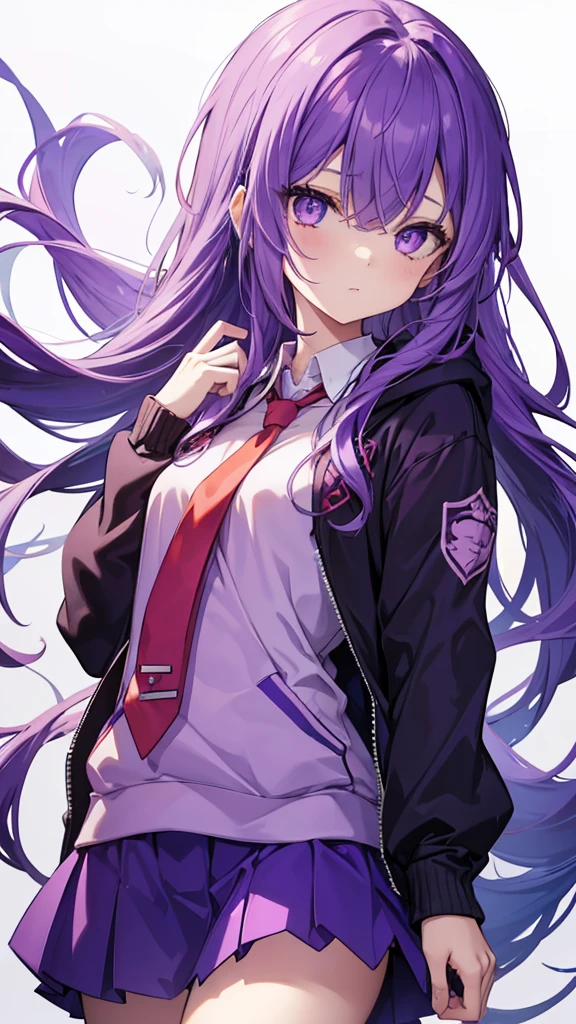 One girl, Long Hair, Purple Hair, Simple Background, Purple eyes, Illustration, Small breasts,student,blouse,Red tie,Blue Skirt,Blue right eye,Yellow left eye,Put on a grey hoodie、Odd Eye