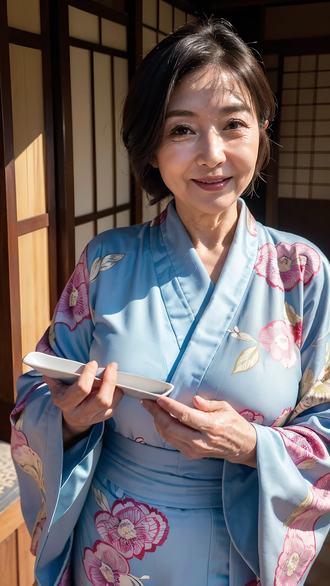 (masterpiece:1.4),(68-year-old woman:1.5),(facial wrinkles : 1.2),seductive smile, (up hair : 1.1), (wearing kimono with pattern), beautiful Mature Woman, plump body, voluptuous body, traditional japanese scene, detailed background