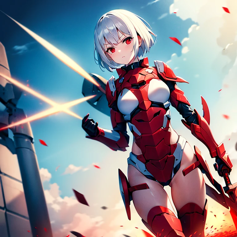 (girl)(white short hair)(red eyes)(Driving exoskeleton armor)(Cool battle scenes)(The blade flickers)(Fierce clash of weapons)4K