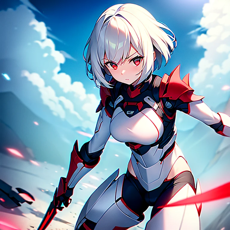 (girl)(white short hair)(red eyes)(Driving exoskeleton armor)(Cool battle scenes)(The blade flickers)(Fierce clash of weapons)4K