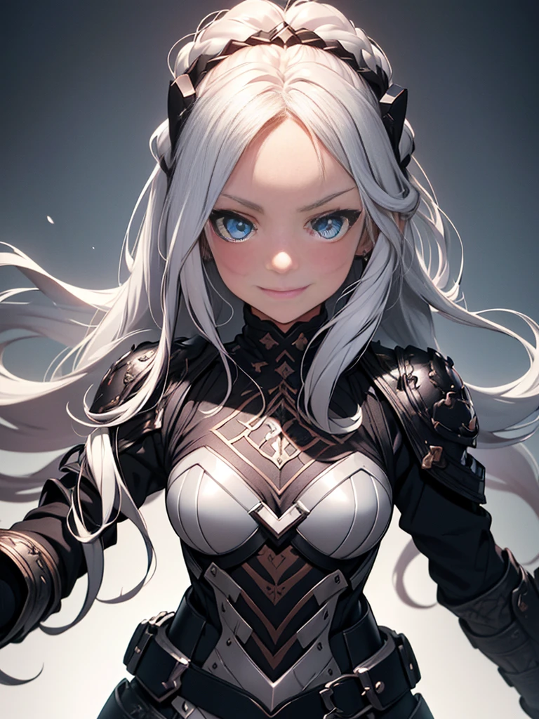 A beautiful girl with piercing blue eyes and long flowing silver hair, wearing ornate plate armor, wielding a large longsword, smiling, (best quality,8k,highres,masterpiece:1.2),ultra-detailed,(realistic,photorealistic,photo-realistic:1.37),intricate details,dramatic lighting,cinematic,fantasy art,digital painting,vibrant colors,glowing 