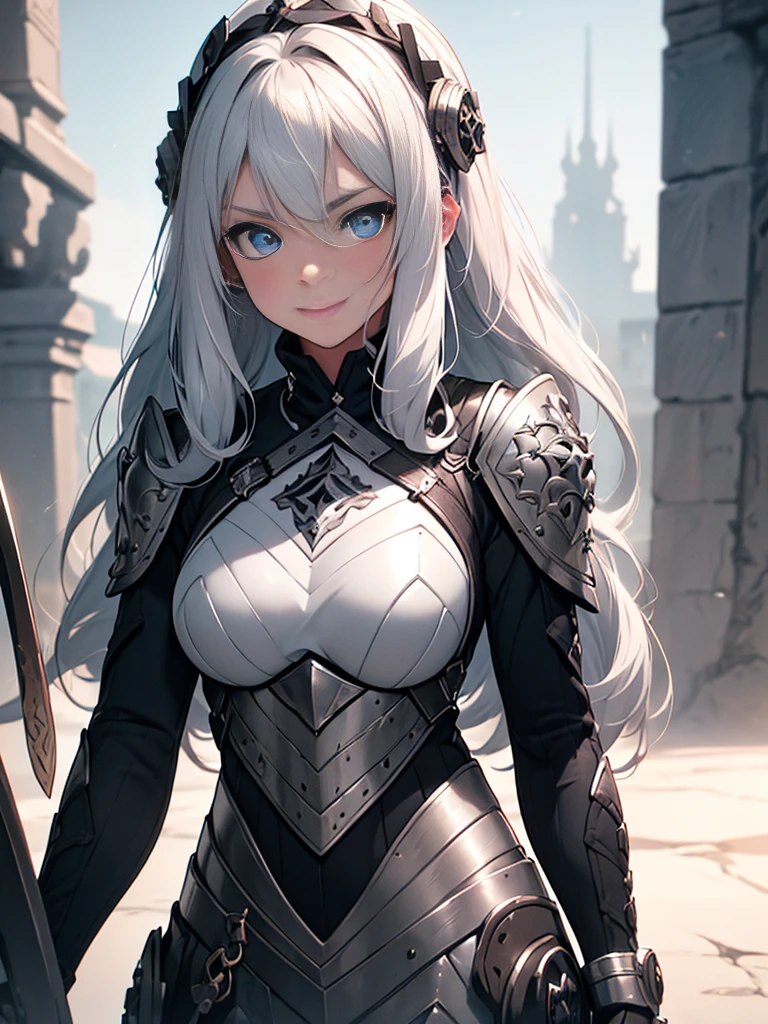 A beautiful girl with piercing blue eyes and long flowing silver hair, wearing ornate plate armor, wielding a large longsword, smiling, (best quality,8k,highres,masterpiece:1.2),ultra-detailed,(realistic,photorealistic,photo-realistic:1.37),intricate details,dramatic lighting,cinematic,fantasy art,digital painting,vibrant colors,glowing