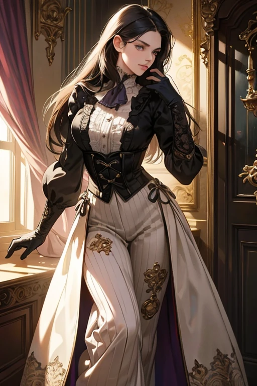 a determined victorian era woman in her late 20's, merchant, straight white medium-length hair, striking purple eyes, monocle, long black gloves, detailed realistic portrait, photorealistic, hyperrealistic, 8k, detailed clothing, beautiful detailed eyes, beautiful detailed lips, extremely detailed face, intricate ornate details, cinematic lighting, dramatic shadows, warm color tones, natural lighting, highly detailed, masterpiece, artstation, sharp focus, hyper detailed, full body