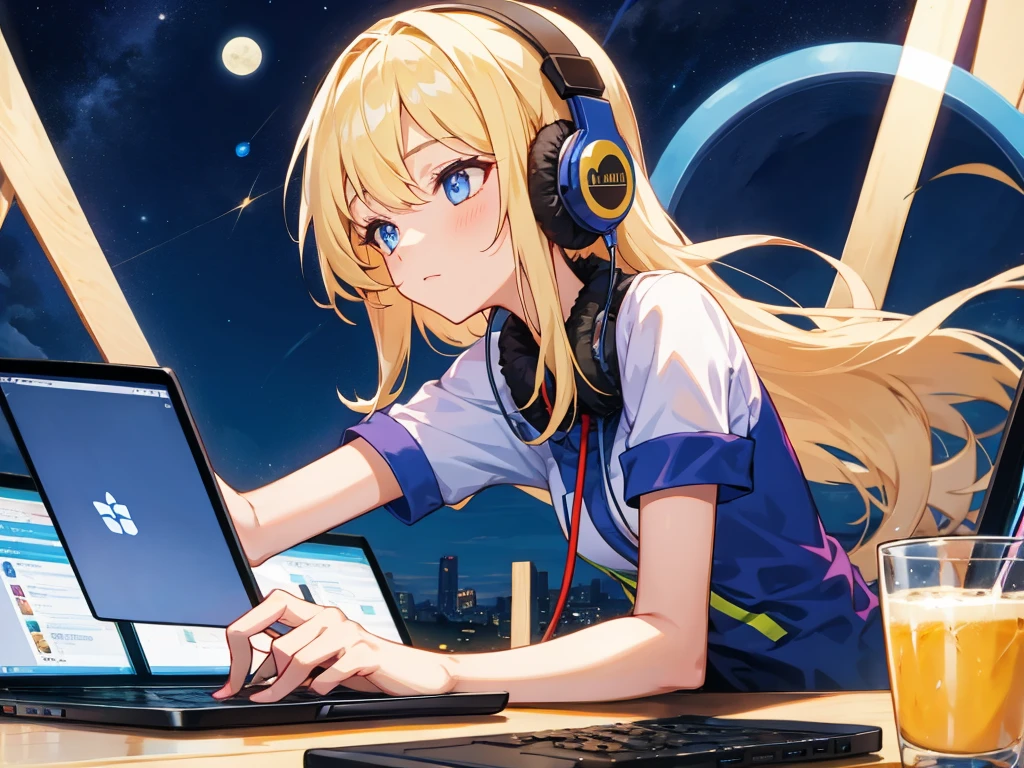 A girl working on a laptop with headphones on against the night sky