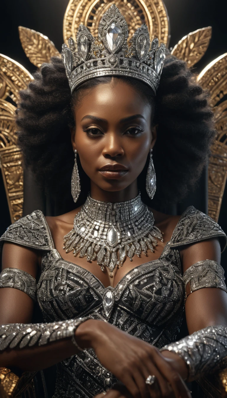 (a frontal view), (camera facing the subject), A very beautiful black african queen sitting on a diamond throne made of diamond, intricate details, dramatic lighting, hyperrealism, photorealistic, cinematic, 8k sharp focus, style expressive, frontal view, camera facing the subject