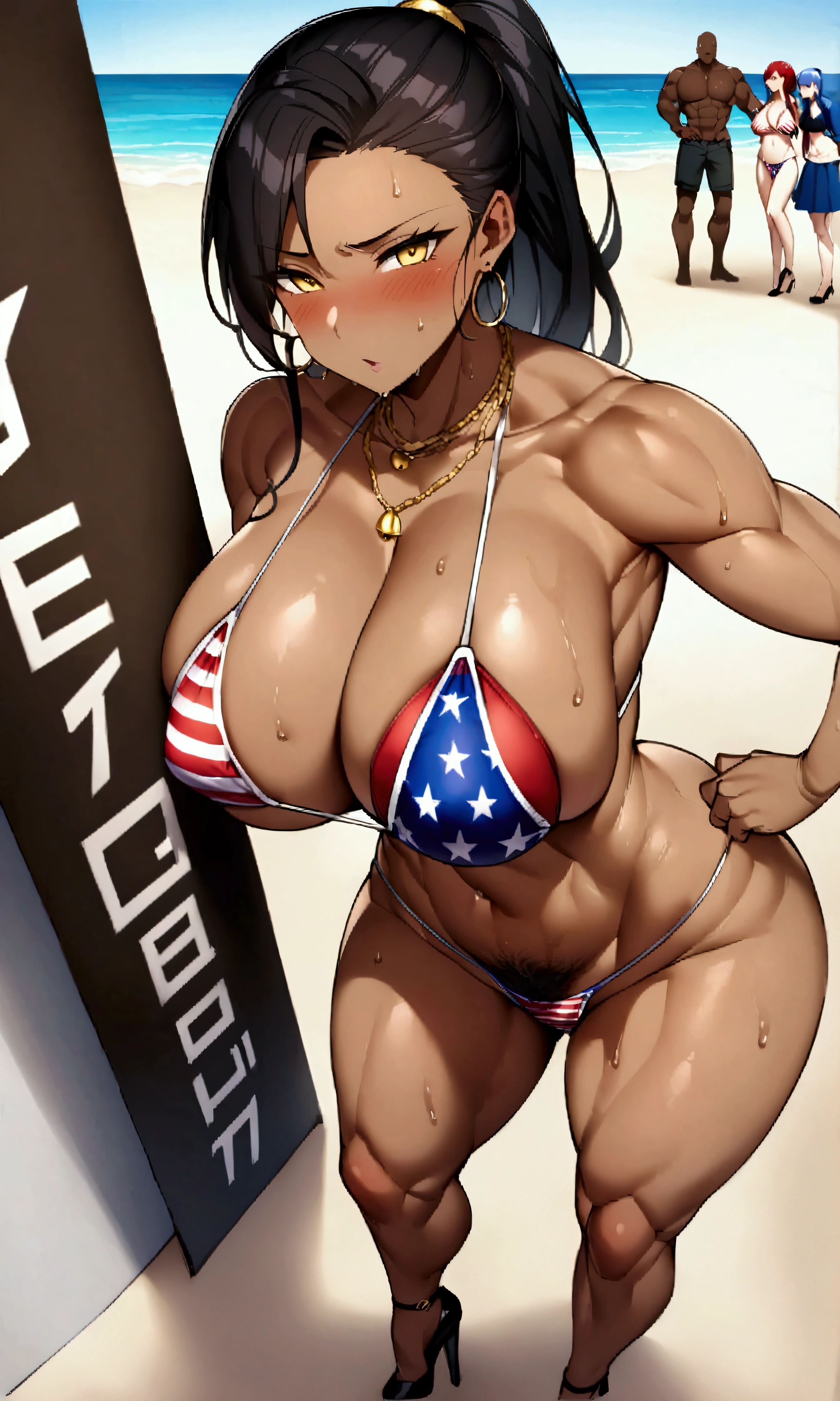 Score_9、Score_8_up、Score_7_up、source_アニメ、High definition、Detailed face、((Big Breasts))、Abdominal muscleirabelle Bell、Long Hair、Black Hair、Yellow Eyes、(Dark Skin)、Dark Skinの女性、ponytail、necklace、Toned body、Muscular woman、((AMERICAN FLAG BIKINI))、Micro Bikini、((pubic hair))、Fishnet thighs、High heels、Hoop Earrings、head、thin skin、Oily skin、blush、Sweat、Sweatをかく、(Beach)、Outdoor sunlight、((Are standing))Depth of written boundary、Voluptuous、blush、乳headのライン、