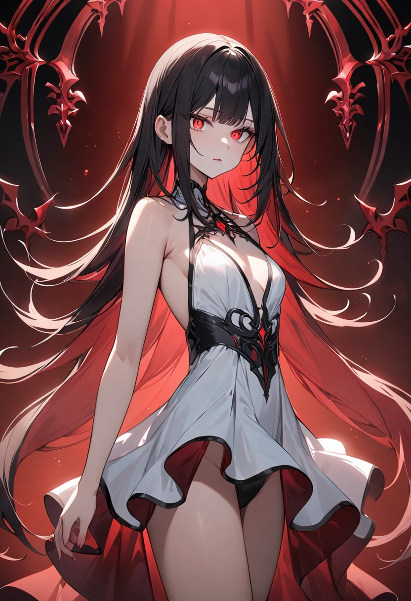 (masterpiece, top quality, very aesthetic, 4k、illustration), intricate detail, 1woman,、solo,contrapposto glowing eyes、,(cowboy shot)、dark persona、(),beautiful face、from side、clear face、straight hair、red to black gradient hair、,middle hair,sidelock ,red　eyes、white Summer Dresses、small breasts、Slim 、