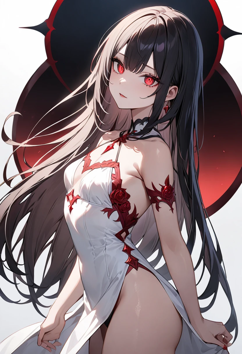 (masterpiece, top quality, very aesthetic, 4k、illustration), intricate detail, 1woman,、solo,contrapposto glowing eyes、,(cowboy shot)、dark persona、(),beautiful face、from side、clear face、straight hair、red to black gradient hair、,middle hair,sidelock ,red　eyes、white Summer Dresses、small breasts、Slim 、
