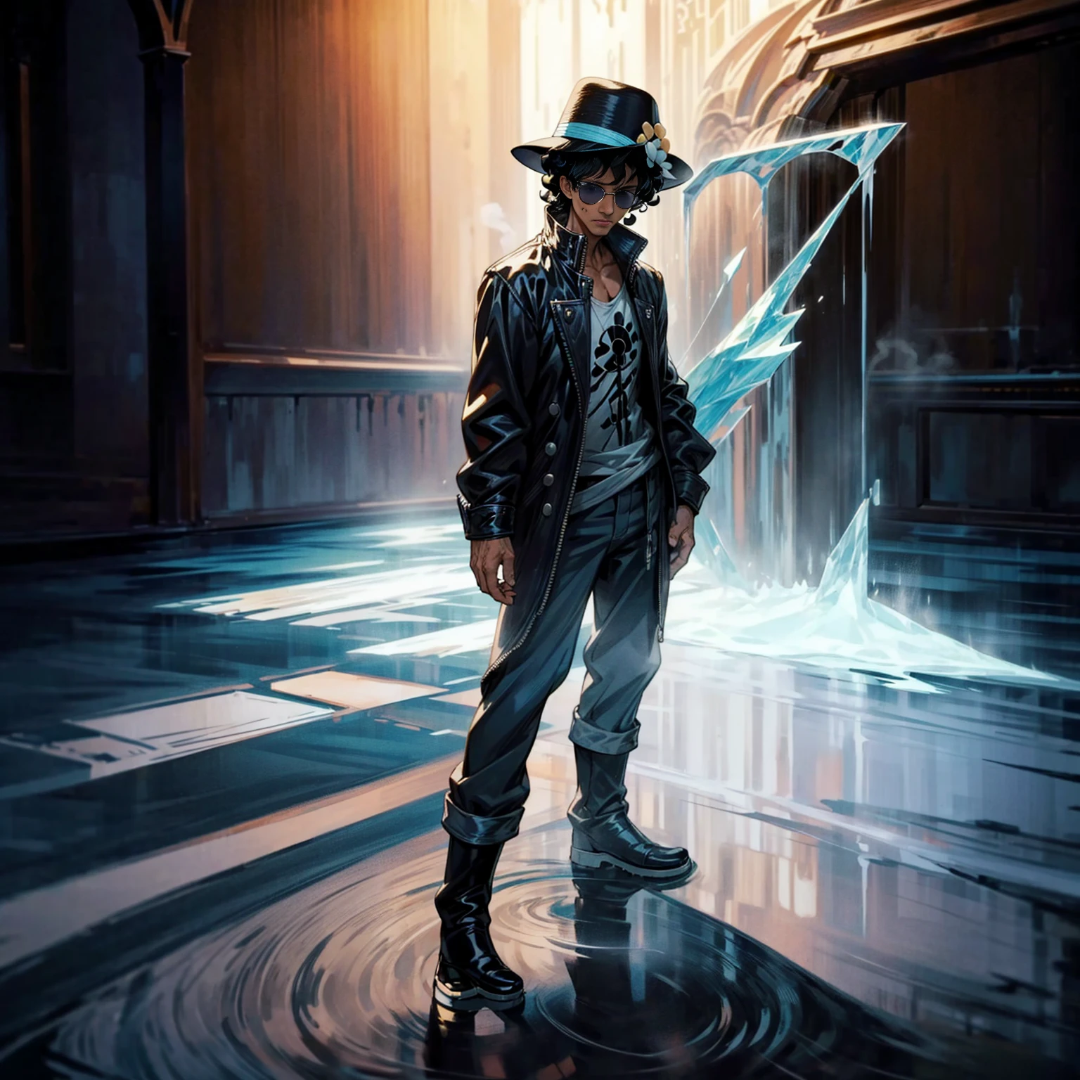 Solo character, full body version, aged man, black eyes, hat, black hair, Curly hairstyle, sunglasses, casual clothing, white boots, detailed shadow, (one piece style art), indoor room ice, cathedral, ice floor, Nitrogen smoke, glow ice effect, standing gesture, hand ice, ice magic 