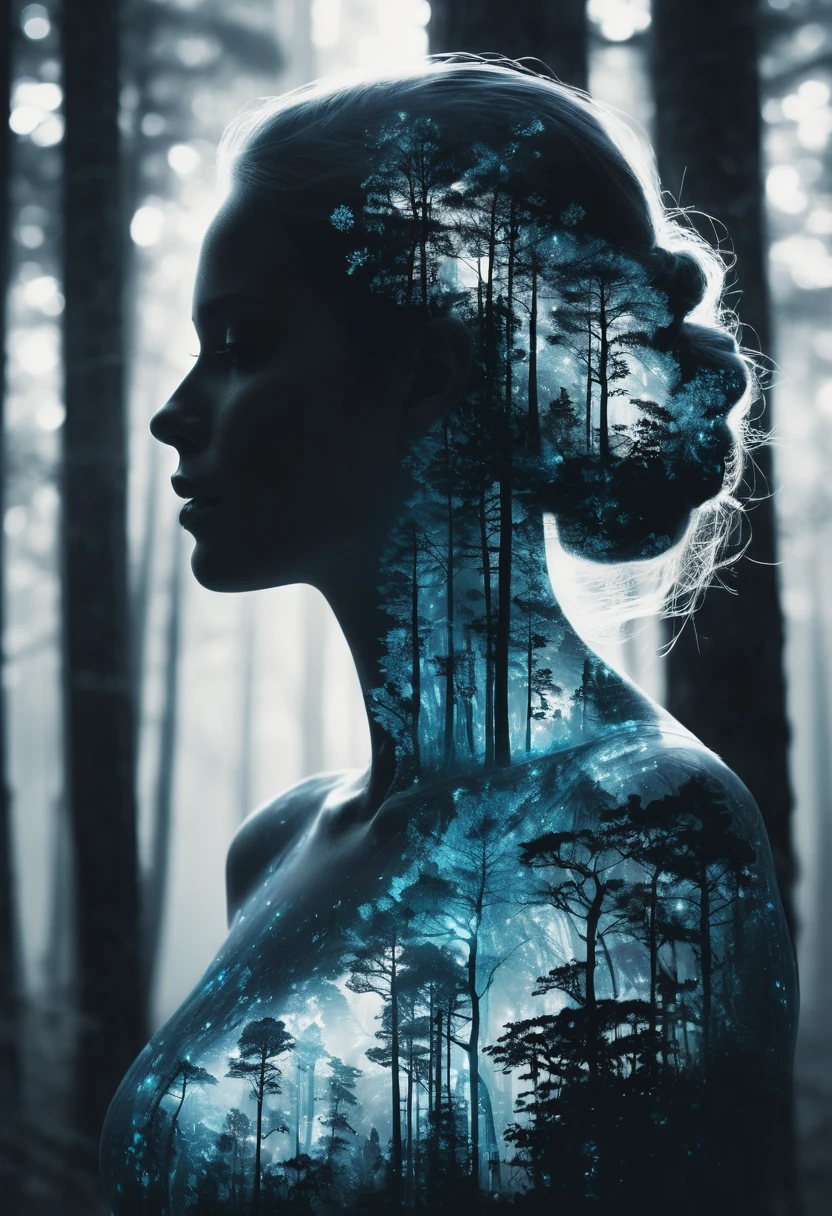 double exposure, solid white back ground, mysterious silhouette forest woman, bioluminescence , amazing depth, masterwork, surreal, geometric patterns, intricately detailed, bokeh, perfect balanced, deep fine borders, artistic photorealism , smooth, great masterwork by head of prompt engineering