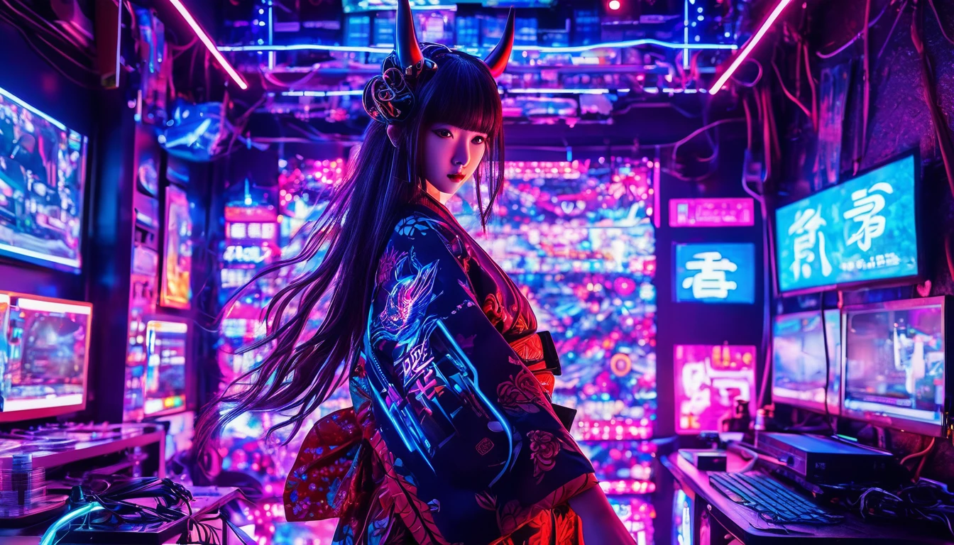 high tech, Futuristic, Only the scenery、No people、 (Realistic:1.4), Long hair made of cables, robot, In the background there are lots of computer cables, Ultra-high resolution, Ultra-high resolution, 8k, Neon Light, Japanese Culture, kimono, The Spanish Devil