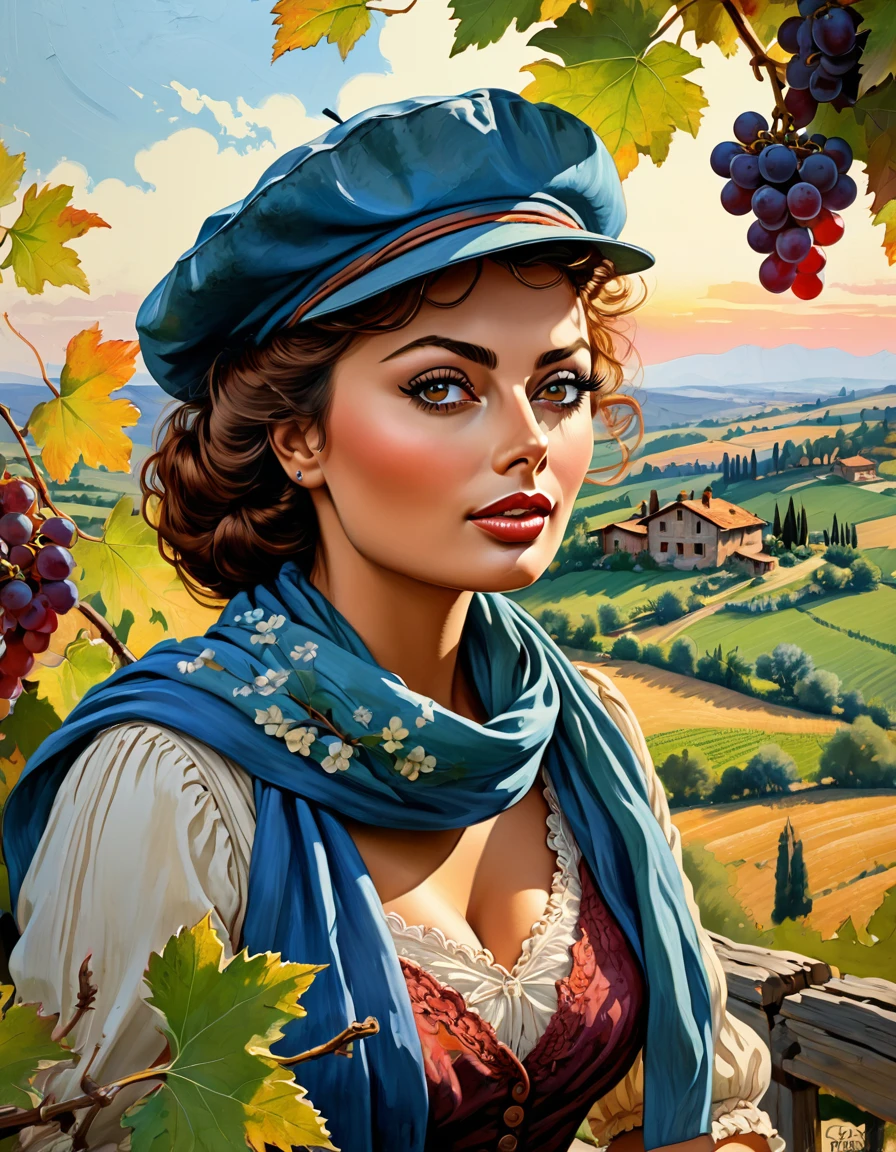 Italian colorfulness, cinematic romance, tempera, impasto, legal illustration, poster, landscape, ink-painted edges, summer close-up, airy happy gentle girl [Sophia Loren:Maude Adams:0.25], vintage Verona, windy cinematic portrait on cracked paper, detailed textures, dynamic pose, trees and grapes, dynamic pose, rustic farmhouse, rustic beret, scarf, rural pastoral, sunset, Kuindzhi Rockwell Disney ., Royo, Vallejo Kraola, Carl Rungius | Ivan Rabuzin | Ed Emshwiller] cinematic, 32 kb, , , high detail, complex poses, high quality, concentration, perfect composition
