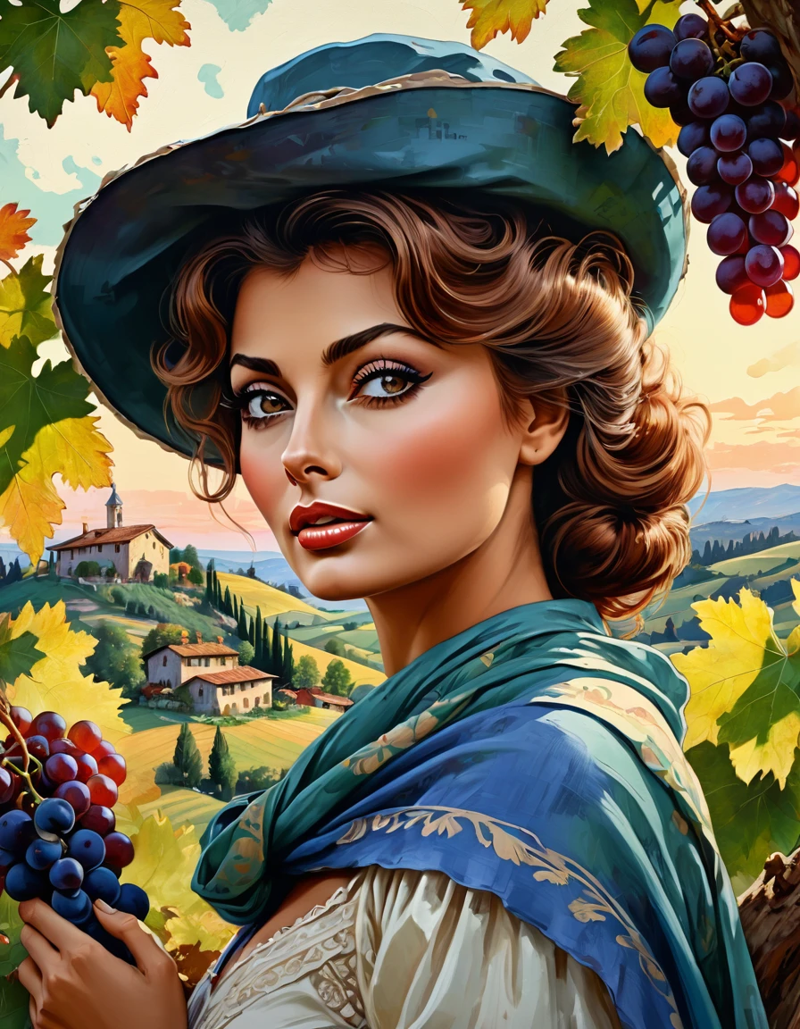 Italian colorfulness, cinematic romance, tempera, impasto, legal illustration, poster, landscape, ink-painted edges, summer close-up, airy happy gentle girl [Sophia Loren:Maude Adams:0.25], vintage Verona, windy cinematic portrait on cracked paper, detailed textures, dynamic pose, trees and grapes, dynamic pose, rustic farmhouse, rustic beret, scarf, rural pastoral, sunset, Kuindzhi Rockwell Disney ., Royo, Vallejo Kraola, Carl Rungius | Ivan Rabuzin | Ed Emshwiller] cinematic, 32 kb, , , high detail, complex poses, high quality, concentration, perfect composition
