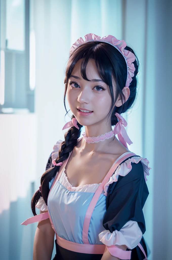 (masterpiece:1.4),(Highest quality:1.4),超High resolution,High resolution,8k resolution, House of candy, Illuminated by the morning sun, One Woman,(Detailed facial expressions),Slim body, (Long black hair, Twin tails:1.2), Glowing Skin,(Light blue maid outfit, Pink ribbon headband:1.3), laughing