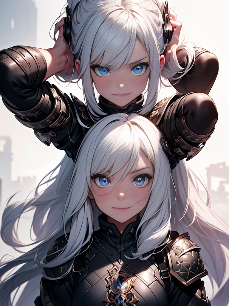 A beautiful girl with piercing blue eyes and long flowing silver hair, wearing ornate plate armor, wielding a large longsword, smiling, (best quality,8k,highres,masterpiece:1.2),ultra-detailed,(realistic,photorealistic,photo-realistic:1.37),intricate details,dramatic lighting,cinematic,fantasy art,digital painting,vibrant colors,glowing