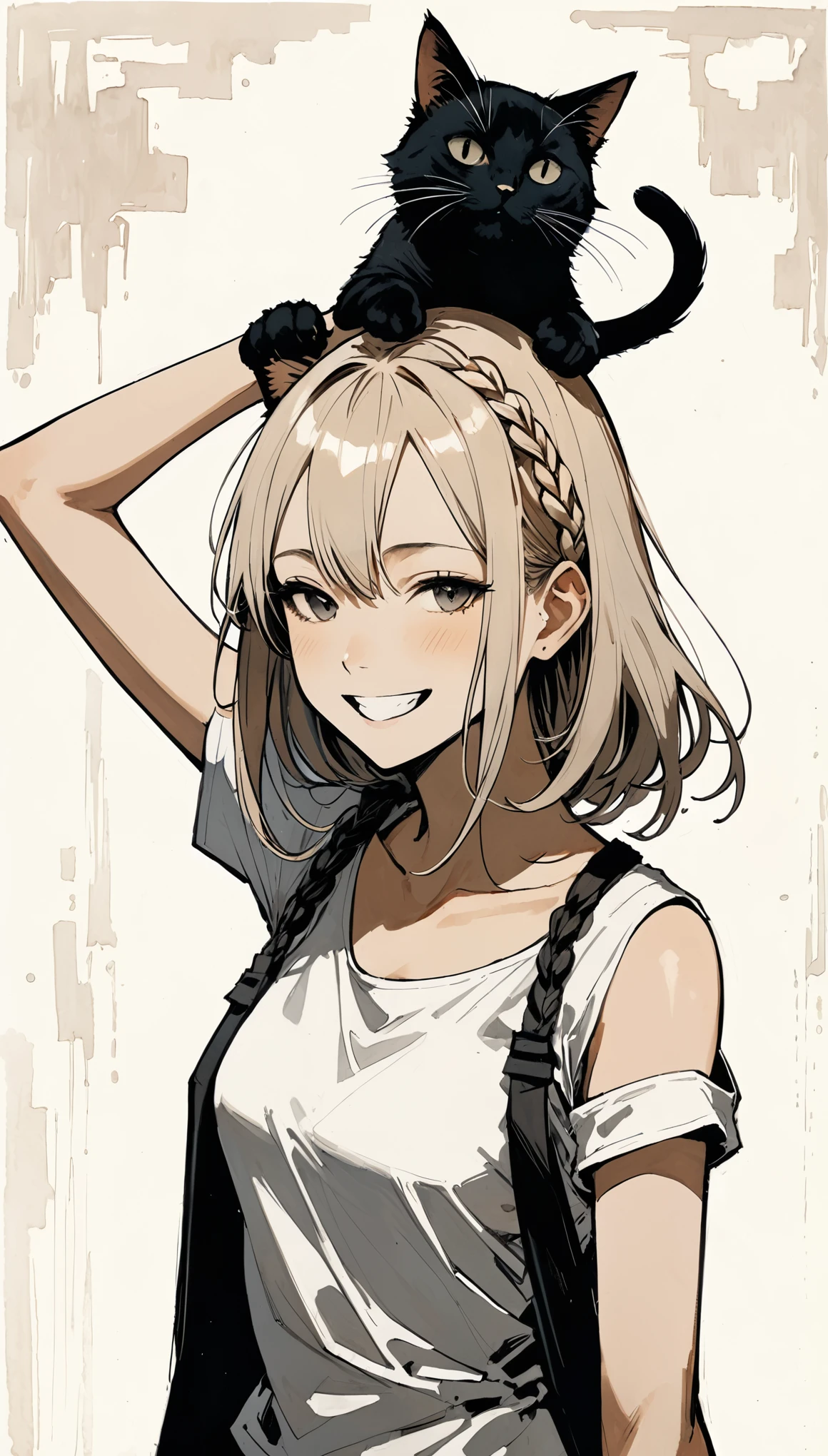 in style of Santiago Caruso,in style of ashley wood,in style of Albert Marquet,in style of Barnett Newman
character concept design,(1girl:1.1),upper_body,front braid,cat on head,{arm above head:1.4},laughing